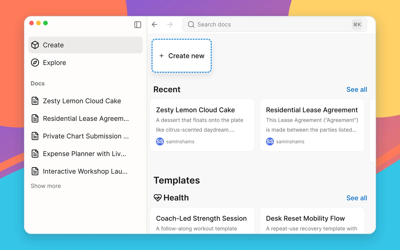 The Docmino desktop app gallery with its workspace navigation sidebar open
